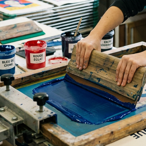 Artist pulling blue ink across a screen-printing frame